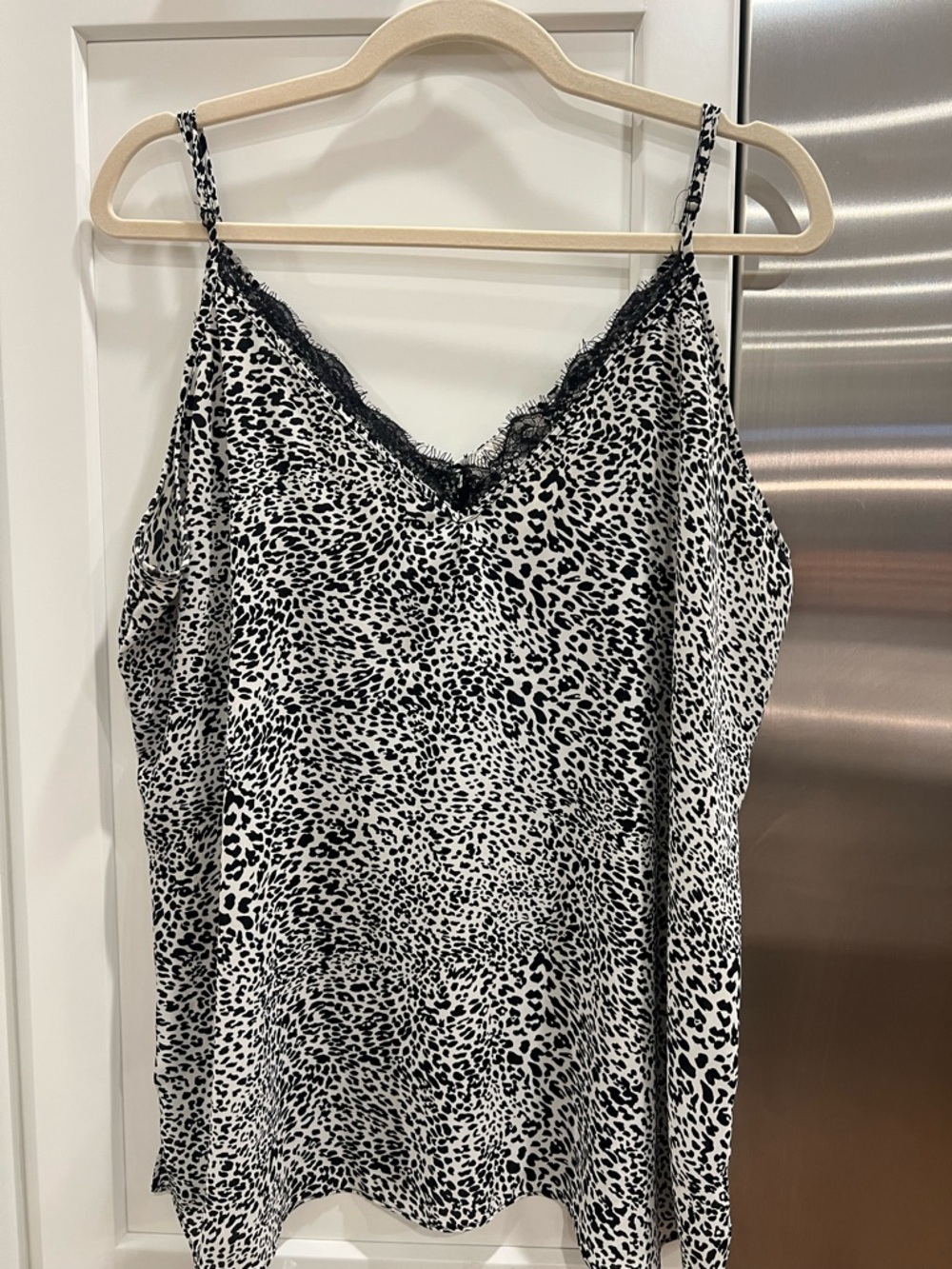 Rachel Zoe Black White Leopard Print Cami Lace Trim V-Neck Top XL
